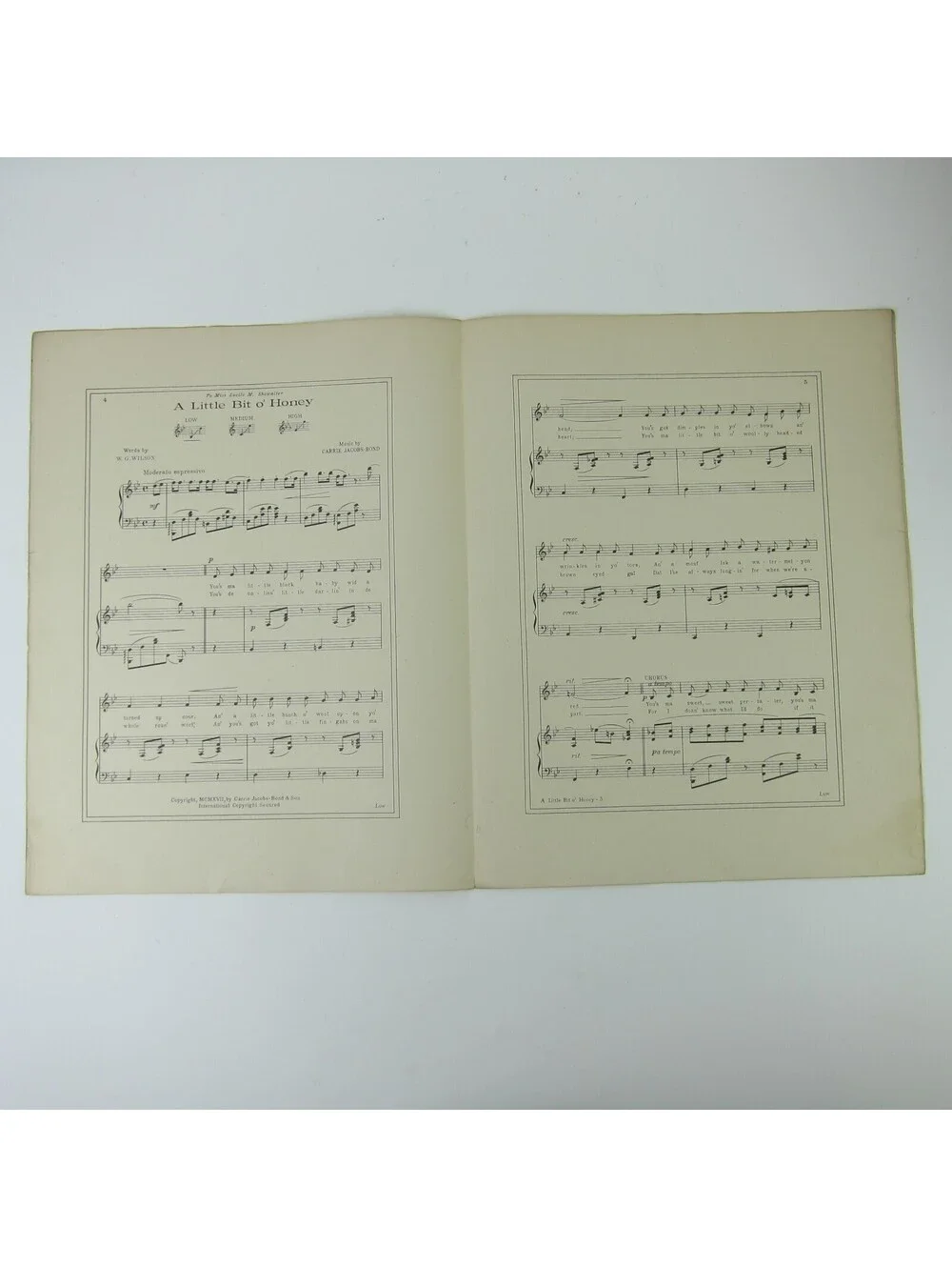 Sheet Music A Little Bit O' Honey Carrie Jacobs-Bond W. G. Wilson Antique 1917